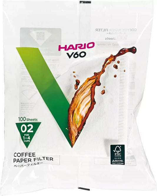 Hario V60-02 popieriniai kavos filtrai, 100 vnt., balti – tinka pour-over kavai
