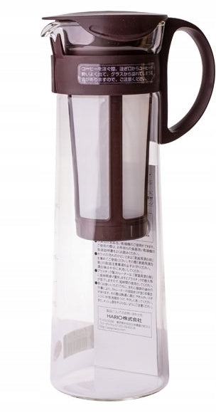 Hario Mizudashi stiklinis kavinukas 1 litro talpos šaltai kavai, su nuimamu filtru ir rudu dangteliu – Cold Brew kavos ruošimo indas namams